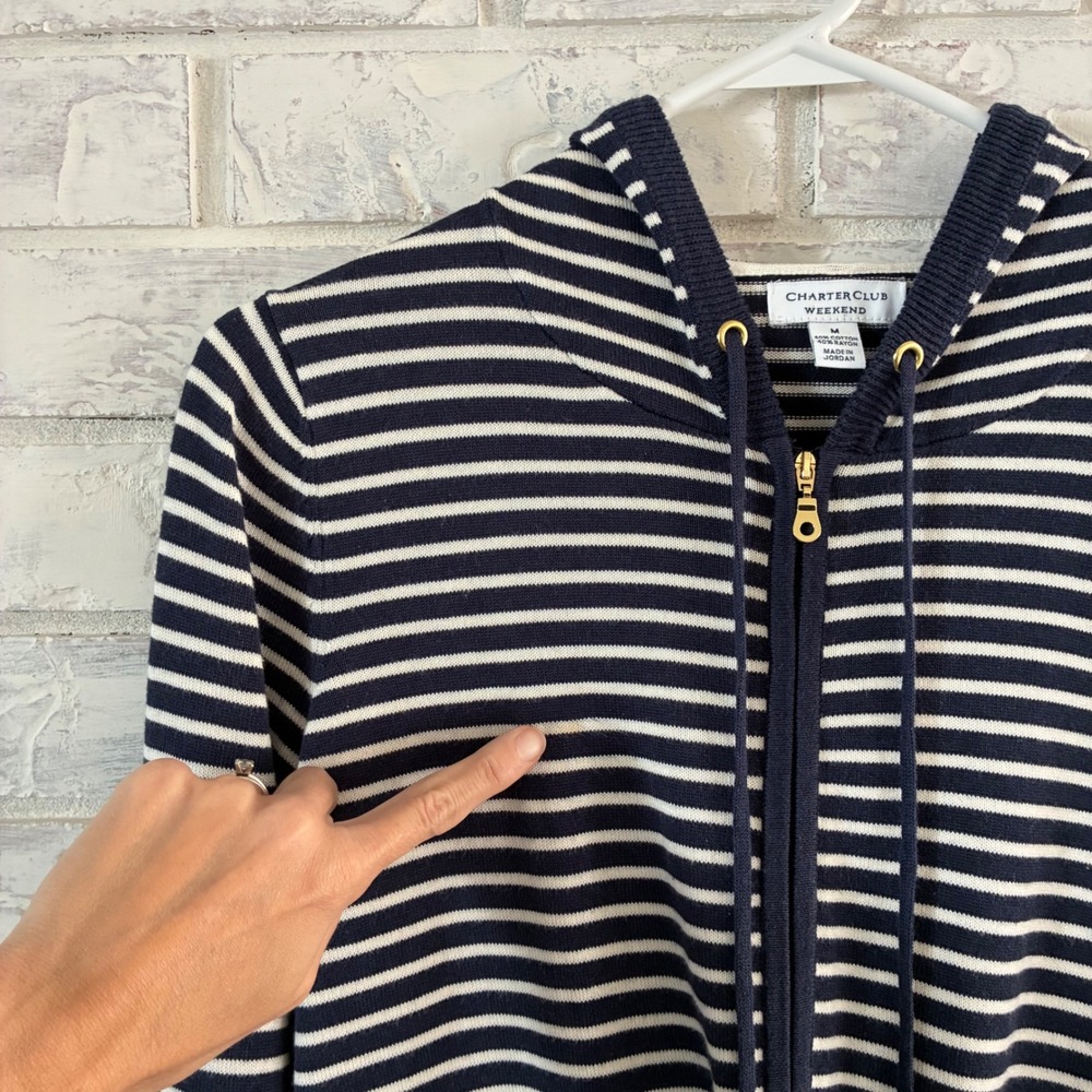 Charter Club Weekend Navy White Striped Full Zip Knit Hoodie Sweater Medium - Picture 5 of 10